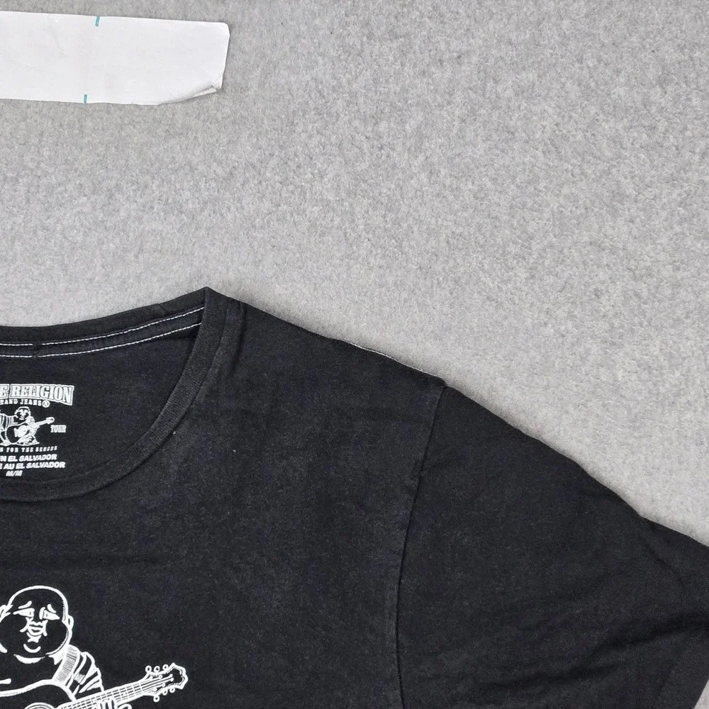 True Religion Men Shirt M/M Black Graphic Guitar Buddha Logo Short Sleeve